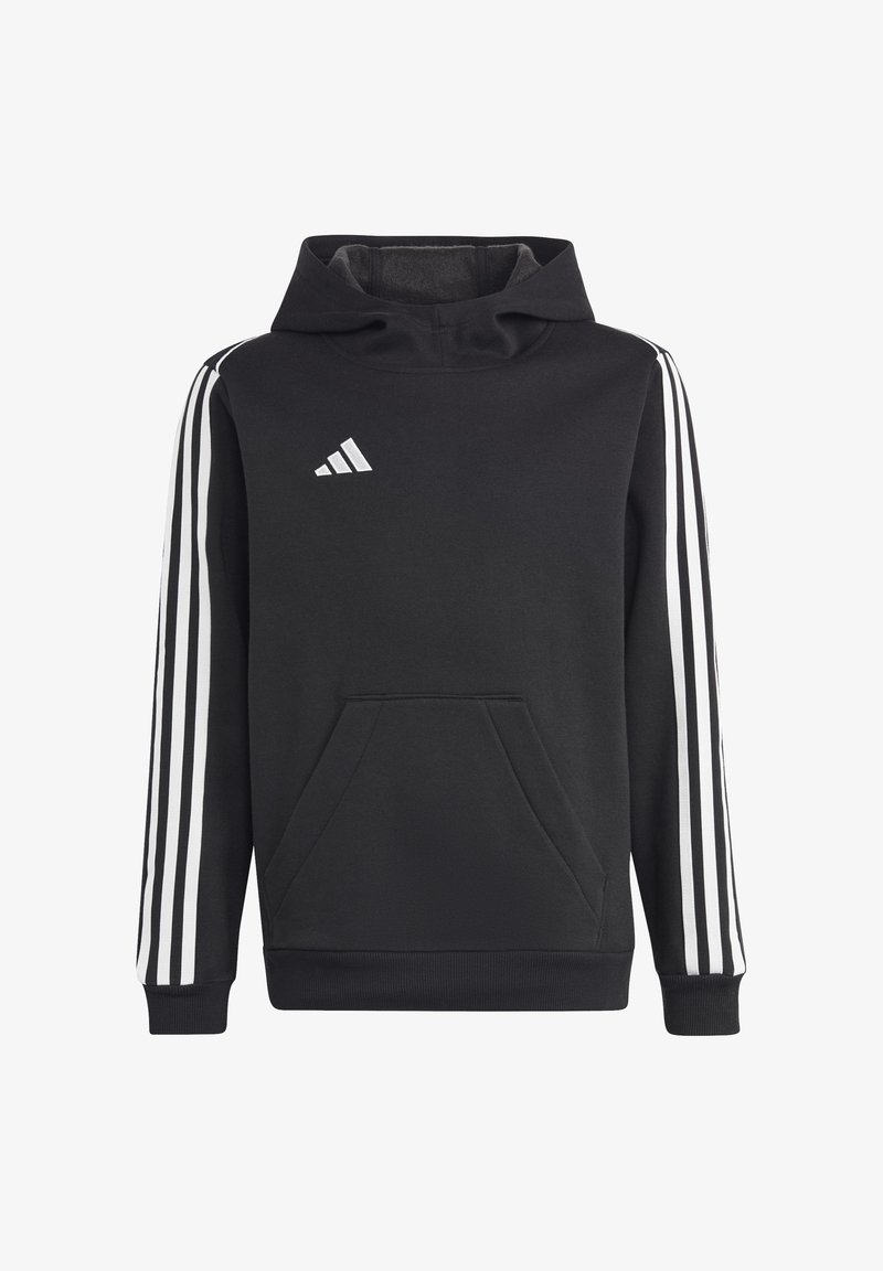 Zwarte hoodie met een zachte textuur, voorzien van een voorzak, verstelbare capuchon en drie witte strepen op elke mouw. Inclusief Adidas-logo.