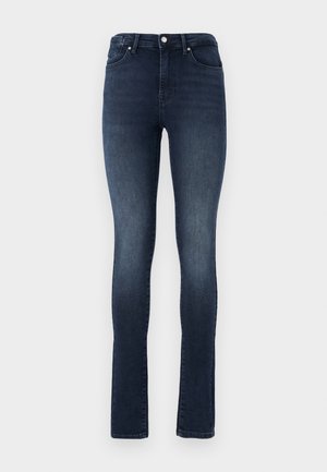 Mørke vaskede denim jeans med slim fit, høj talje, fem-lomme design og metal knaplukning. Glat tekstur med let falmning.