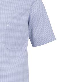 Camicia a maniche corte con bottoni in motivo a quadri blu chiaro. Tessuto misto cotone, con taschino sul petto e logo del marchio discreto.