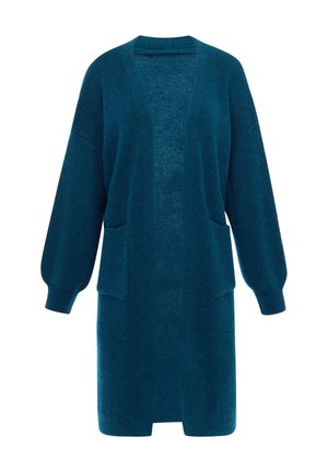 Langer türkisfarbener Strickcardigan mit offenem Vorderteil, langen Ballonärmeln, gerippten Bündchen und zwei aufgesetzten Fronttaschen.