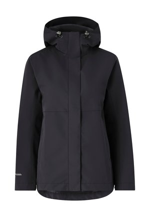 Giacca nera impermeabile con colletto alto e cappuccio regolabile. Presenta una chiusura frontale con zip, due tasche laterali e una texture liscia e opaca.