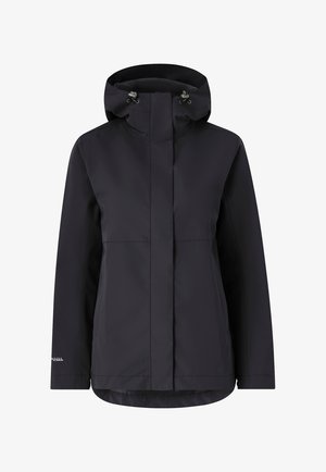 Wasserdichte schwarze Jacke mit hohem Kragen und verstellbarem Kapuze. Verfügt über einen Frontreißverschluss, zwei seitliche Taschen und eine glatte, matte Textur.