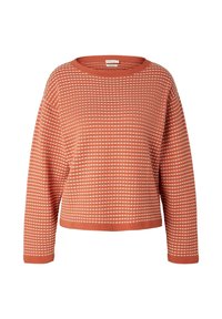 Sweter w kolorze rdzy z teksturowanym, tkanym wzorem. Posiada okrągły dekolt i długie rękawy, ma luźny krój i skróconą długość.
