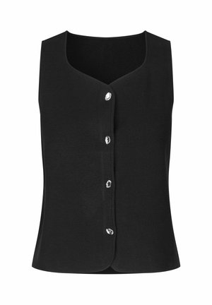 Fekete ujjatlan gombos mellény négy fényvisszaverő ezüst gombbal és enyhén lekerekített szegéllyel.