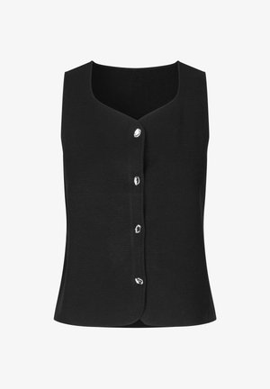 Musta hihaton liivi, jossa neljä heijastavaa hopeista nappia ja hieman pyöristetty helma.