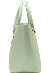 Sac fourre-tout en simili cuir vert avec deux poignées, forme structurée, texture lisse et accents en métal doré.