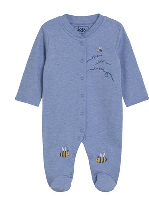 Body blu per neonato con maniche lunghe, bottoni a pressione, ricamo di ape sul petto e sulle gambe e testo "the bee's knees" sul davanti.