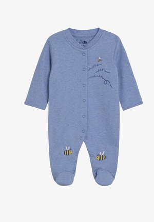 Blauer Baby-Strampler mit langen Ärmeln, Druckknöpfen, Bienen-Stickerei auf Brust und Beinen und dem Text „the bee's knees“ vorne.