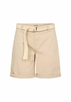Bež kratke hlače od pamuka s pletenim remenom od prirodnih vlakana. Opremljene su skrolanim rubovima i bočnim džepovima, što pruža ležeran dizajn.