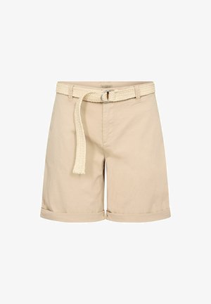 Bež kratke hlače od pamuka s pletenim remenom od prirodnih vlakana. Opremljene su skrolanim rubovima i bočnim džepovima, što pruža ležeran dizajn.