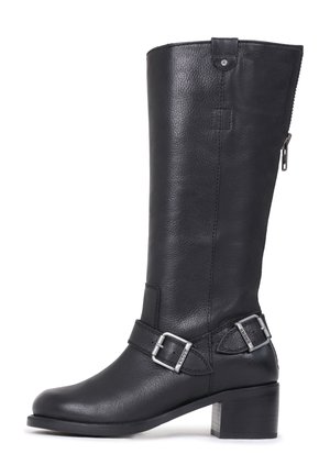 Black leather knee-high boot with a textured finish, slim block heel, decorative straps, and silver buckle accents. Side zip closure.