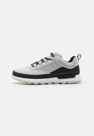 Niskie sneakersy w szaro-czarnym kolorze z białą podeszwą, czarnymi sznurowadłami, teksturami z siateczki i zamszu oraz pętelką z tyłu.