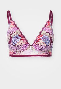 Spetsdetaljert bralette med blomsterdesign i nyanser av lilla, rosa og krem, med justerbare stropper og krokfeste bak.