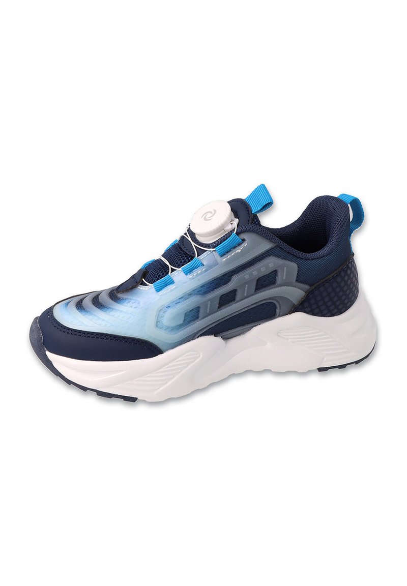 Granatowe i jasnoniebieskie buty sportowe z teksturowaną siateczką u góry, wypchaną białą podeszwą oraz bezsznurową konstrukcją z zapięciem na przycisk.