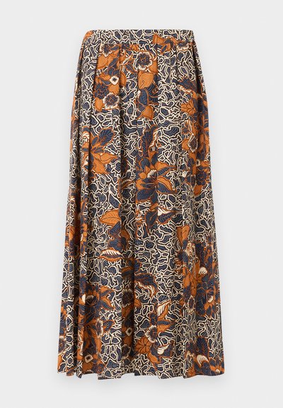 Μίντι φούστα με ελαστική μέση, με περίπλοκο σχεδιασμό σε ναυτικό μπλε και καμένο πορτοκαλί, λουλουδένιο και αφηρημένο, σε κρεμ φόντο.