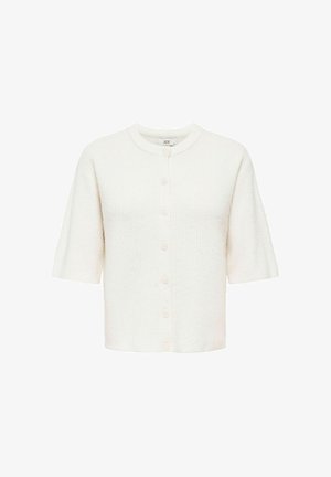 Cardigan court à manches courtes en maille blanche avec encolure ronde et fermeture boutonnée à l'avant, présentant un tissu doux et texturé.