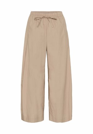 Beige wijde broek met elastische tailleband en koord aan de voorkant, gemaakt van lichtgewicht stof voor casual gebruik.