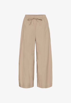 Beige wijde broek met elastische tailleband en koord aan de voorkant, gemaakt van lichtgewicht stof voor casual gebruik.