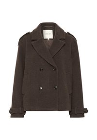 Manteau en laine brun à double boutonnage avec larges revers, quatre boutons noirs, poches latérales, épaulettes et manches à boutons.
