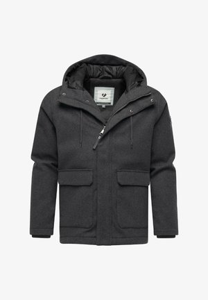 Giacca a cappuccio grigia scura realizzata in materiale simile alla lana, dotata di chiusura con zip, due grandi tasche frontali e polsini elasticizzati.