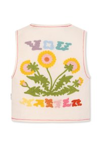 Gilet crema con ricami floreali colorati in rosa, giallo e verde. Presenta un testo giocoso nella parte inferiore, rifinito con cuciture rosa.