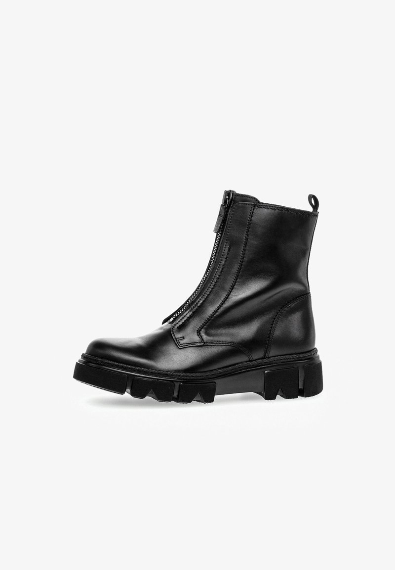 Black leather ankle boot with a side zipper, chunky rubber sole, rounded toe, and subtle stitching details.