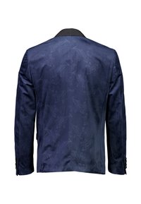 Mörkblå blazer med en subtil paisleymönster, slät textur, snibbkrage och fyra knappar på varje manschett. Bakvy visas.