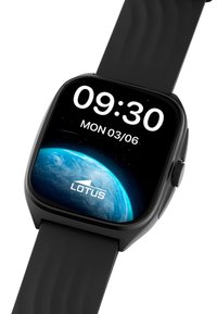 Smartwatch with black strap showing 09:30, Monday 03/06, and a digital Earth image with "LOTUS" logo on the screen.