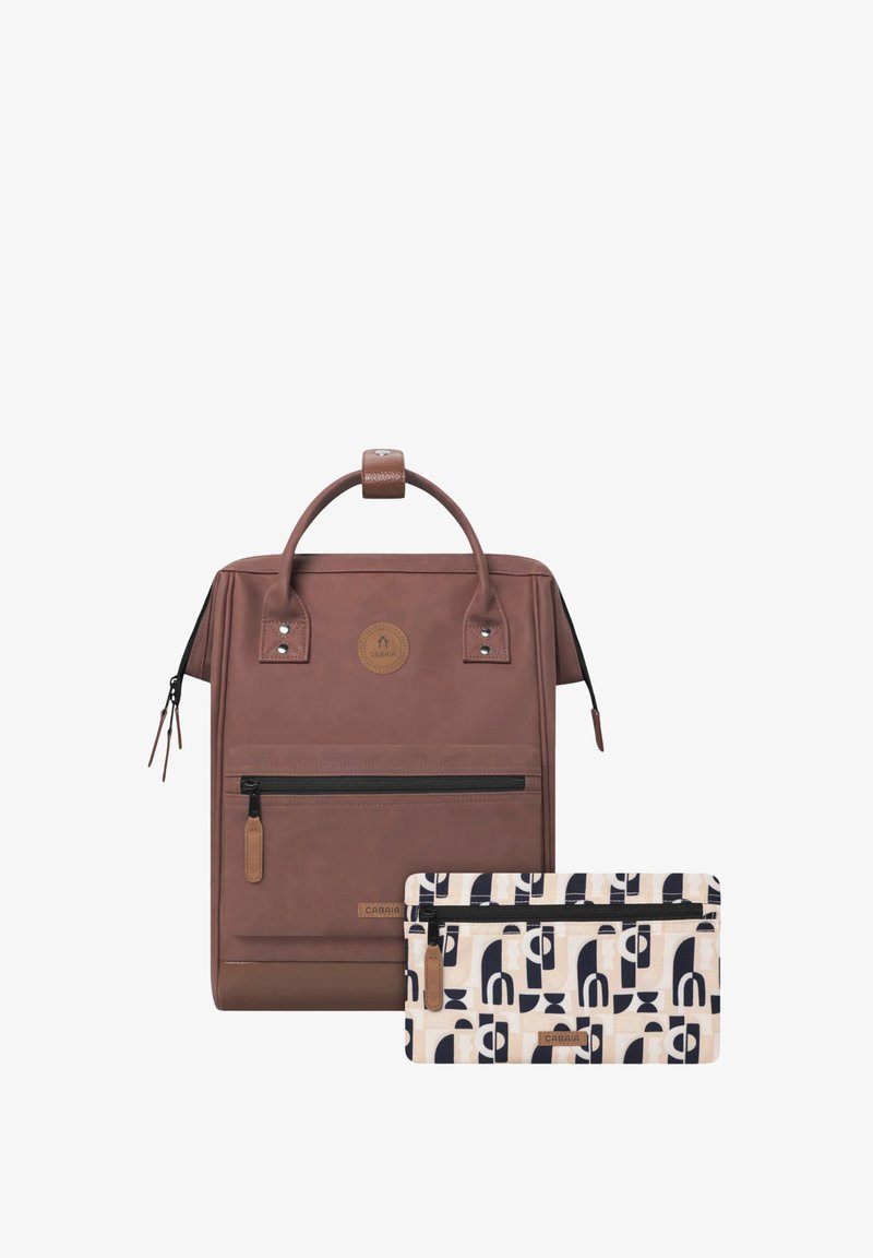 Brown waterproof backpack with a top handle, zippered front pocket, and a removable patterned pouch in cream, black, and blue accents.