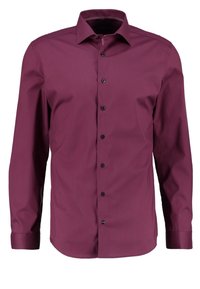 Chemise bordeaux à manches longues en tissu lisse, dotée d'un col classique et de boutons noirs sur le devant. Coupe ajustée.