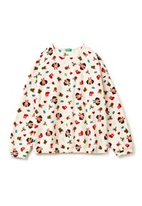 Krémy flísový svetr s dlouhým rukávem a svátečním vzorem psů s paroží, červenými rukavicemi, zelenými dárky, srdíčky a malými rostlinami.