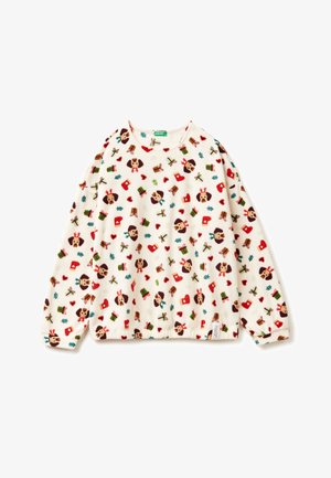 Krémy flísový svetr s dlouhým rukávem a svátečním vzorem psů s paroží, červenými rukavicemi, zelenými dárky, srdíčky a malými rostlinami.