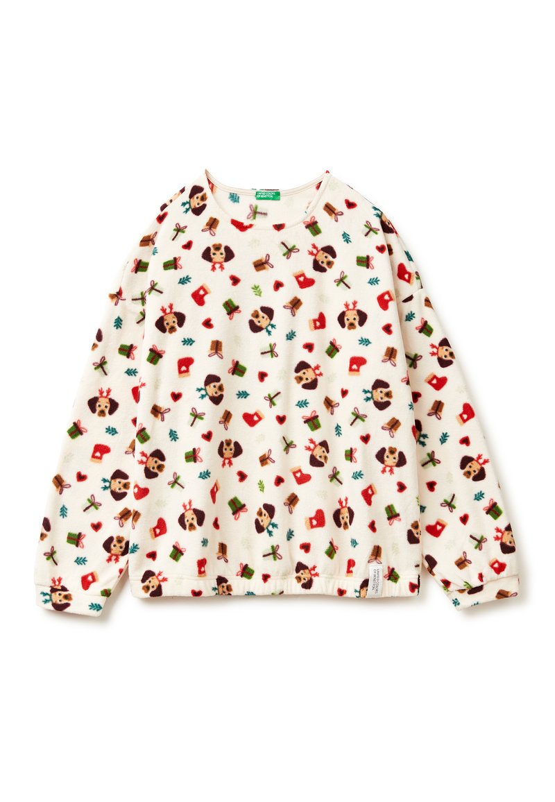 Krémy flísový svetr s dlouhým rukávem a svátečním vzorem psů s paroží, červenými rukavicemi, zelenými dárky, srdíčky a malými rostlinami.