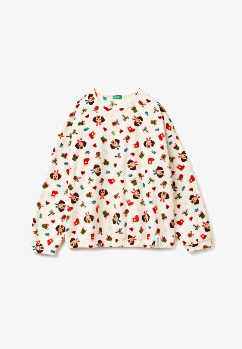 Krémy flísový svetr s dlouhým rukávem a svátečním vzorem psů s paroží, červenými rukavicemi, zelenými dárky, srdíčky a malými rostlinami.