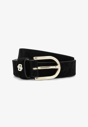 Zwarte suède riem met een gouden D-vormige gesp. Heeft een logo-accent nabij de gesp en een gladde, textuurafwerking.