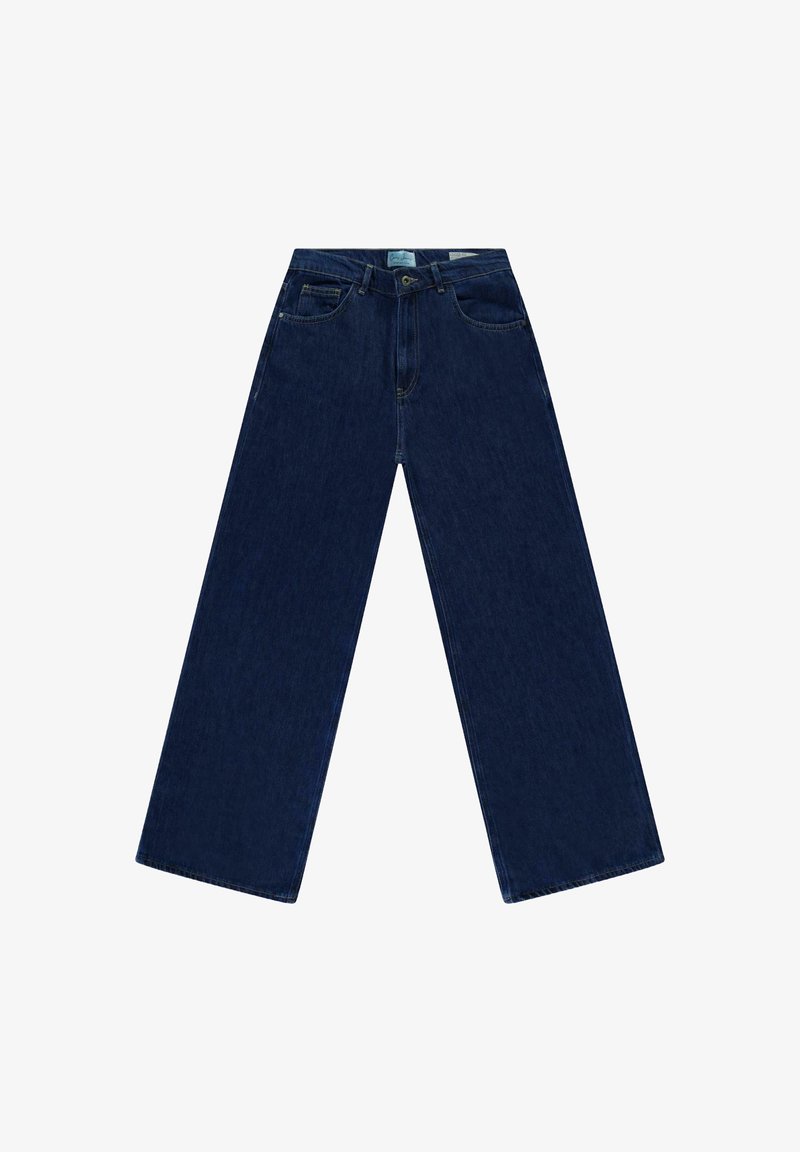 Brede jeans in donkerblauwe denim, met een knoop- en ritssluiting, riemlussen en zijzakken. De stof heeft een soepele textuur.