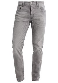 Grå denimjeans med slim fit, med knäppning, fem fickor och subtil blekning över hela för textur.