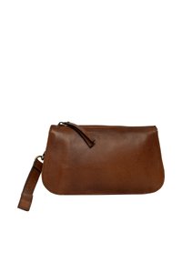 Porte-monnaie en cuir marron avec une fermeture éclair et une petite languette en cuir. La texture est lisse, et le design est rectangulaire avec des bords arrondis.