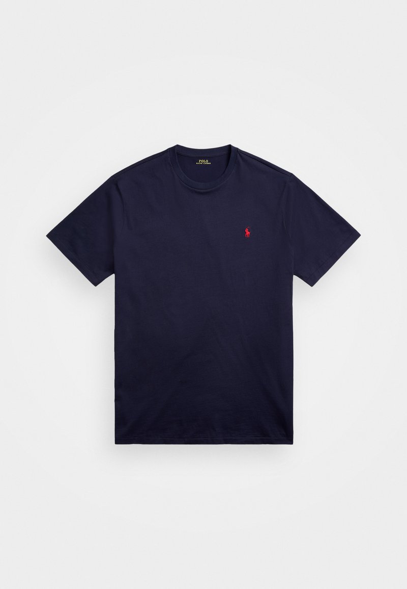 Mörkblå t-shirt i bomull med rund hals och korta ärmar. En liten röd logotyp är broderad på vänster bröst.