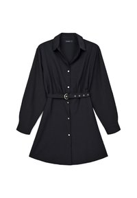 Schwarzes Hemdkleid mit langen Ärmeln, durchgehender Knopfleiste und passendem Gürtel mit einer goldenen Schnalle. Weicher Stoff und figurbetonter Schnitt.