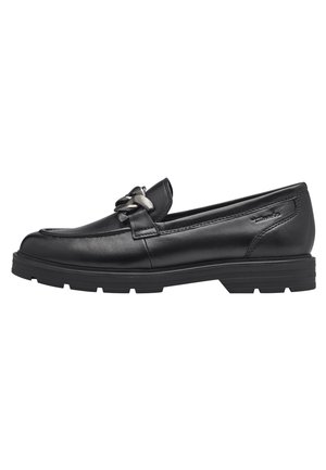 Sort læderloafer med chunky sål og sølvkæde-detalje på toppen, synlige syninger og lav hæl.