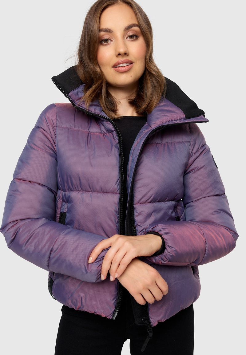 Purple puffer jacket with a black hood, featuring quilted sections, a zip front, and ribbed cuffs. Smooth, reflective fabric texture.