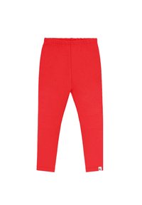 Czerwone legginsy wykonane z miękkiego materiału, z elastycznym paskiem w pasie, dopasowanym krojem i bez dodatkowych wzorów czy detali metalowych.