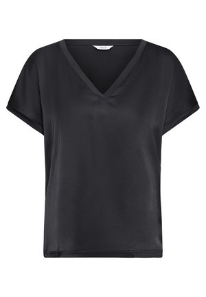 Zwarte blouse met korte mouwen, V-hals en een losse pasvorm, gemaakt van een glad, licht glanzend stof.