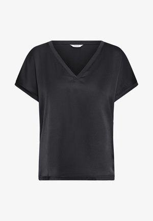 Zwarte blouse met korte mouwen, V-hals en een losse pasvorm, gemaakt van een glad, licht glanzend stof.