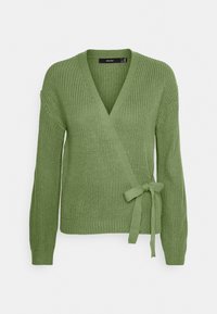Grüner gestrickter Wickelsweater mit V-Ausschnitt, langen Ärmeln und einer seitlichen Bindeschließe. Besitzt gerippte Bündchen und Struktur im gesamten Design.