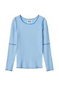 Maglietta a maniche lunghe di colore azzurro chiaro con scollo rotondo e cuciture blu a contrasto lungo i bordi e i polsini. Etichetta del marchio visibile.