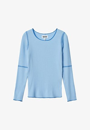 Himmelblaues, geripptes Langarmshirt mit rundem Halsausschnitt und kontrastierenden blauen Nähten entlang der Kanten und Bündchen. Markenlabel sichtbar.