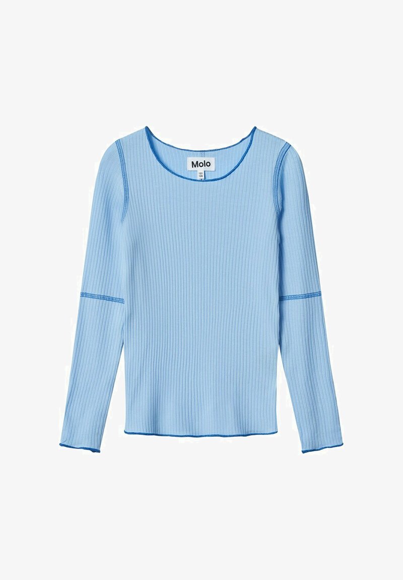 Ljusblå ribbad långärmad skjorta med rundad halsringning och kontrasterande blå sömmar längs kanterna och ärmsluten. Branded etikett synlig.