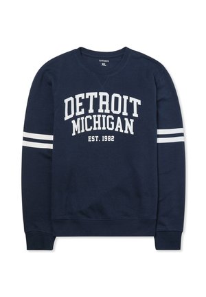 Felpa blu navy con la stampa "DETROIT MICHIGAN EST. 1982" in bianco. Presenta strisce bianche sulle maniche e un design con collo rotondo.